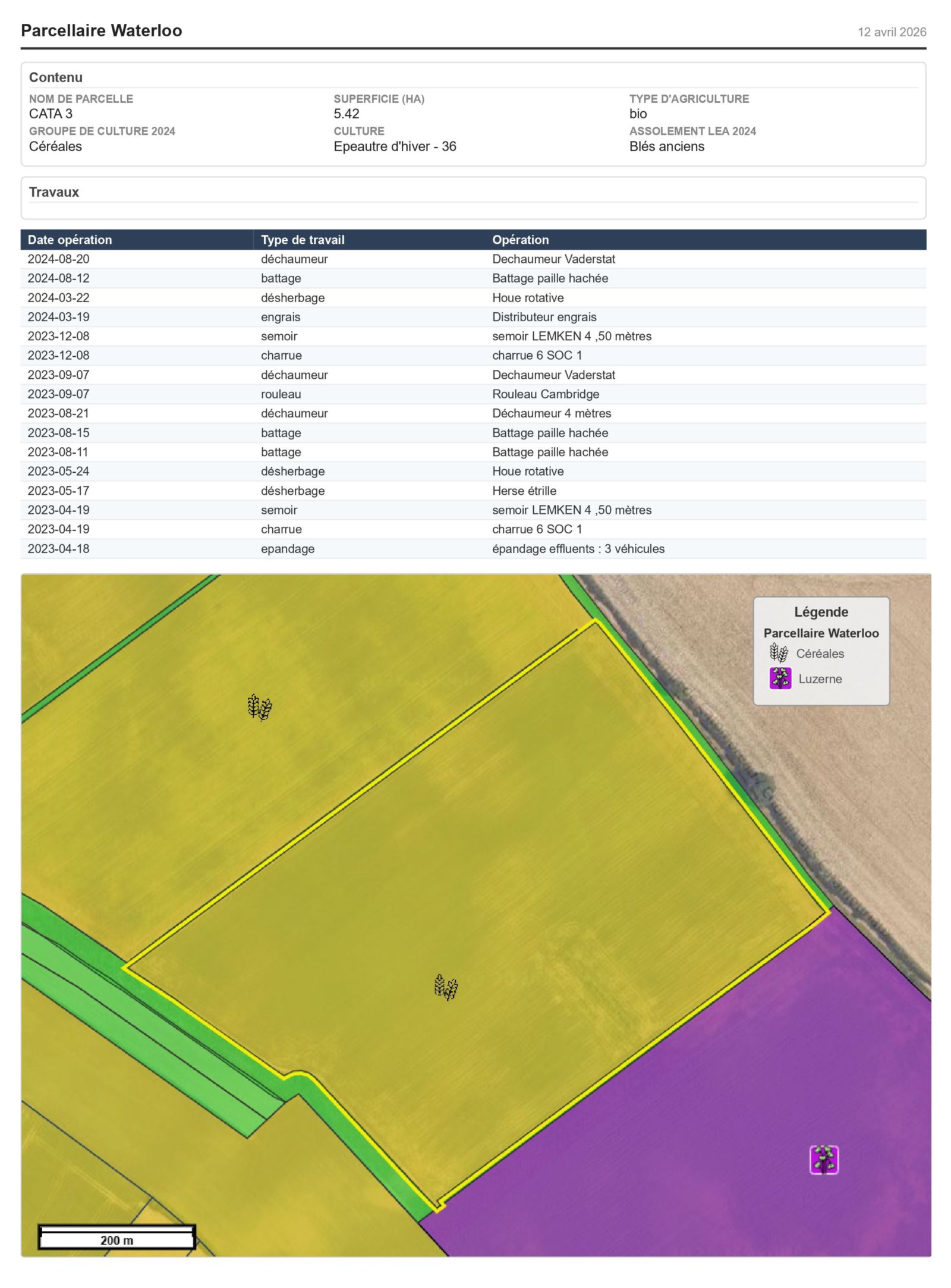 Fiche d'une parcelle agricole présentant le tableau des interventions liées