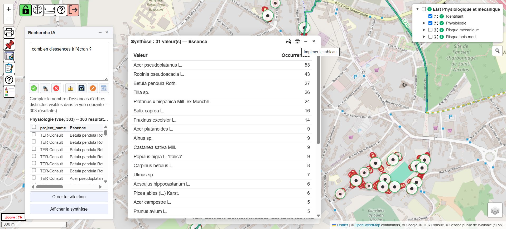 Interface CartoMAESTRO : la question « combien d'essences à l'écran ? » affiche un tableau de synthèse des 31 essences d'arbres visibles avec leur nombre d'occurrences.