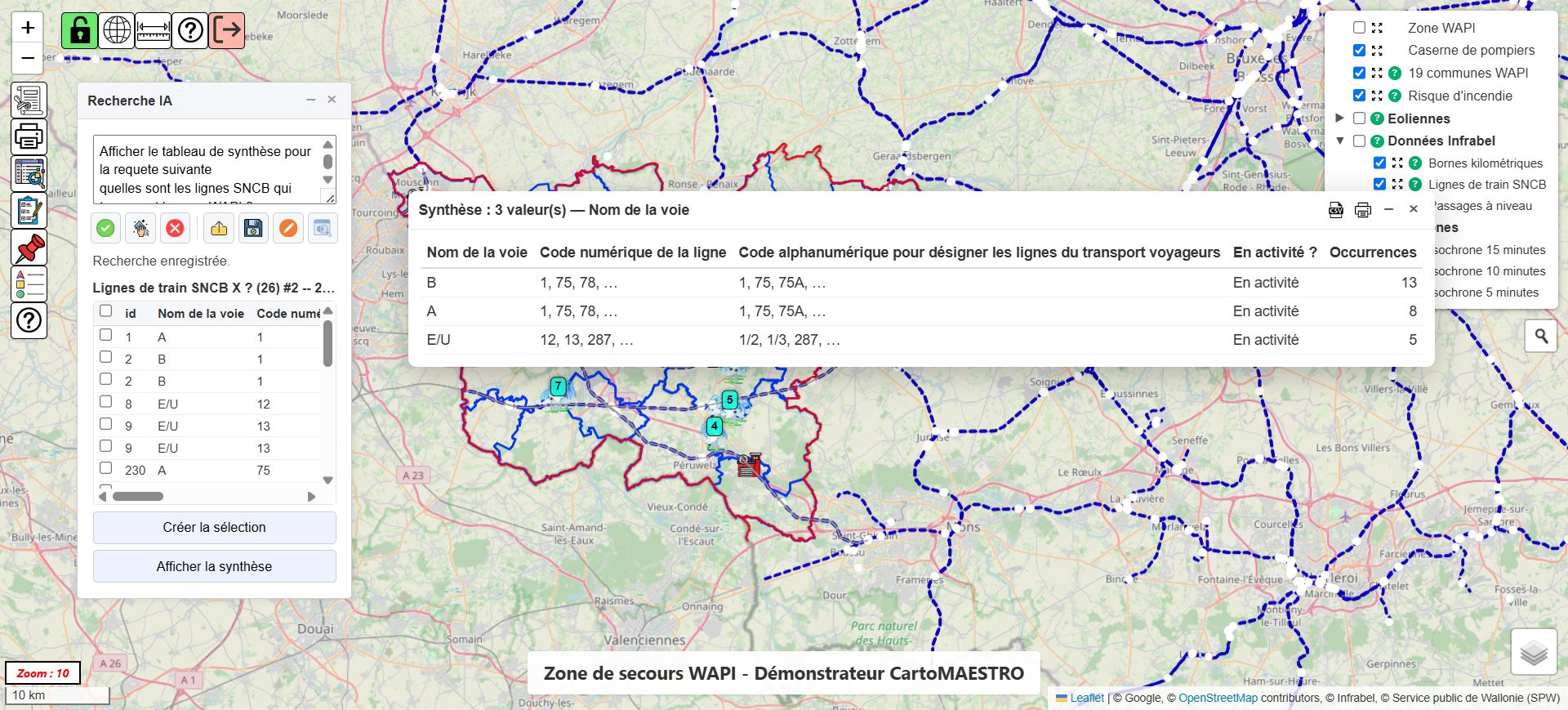 Interface CartoMAESTRO : les lignes de train SNCB traversant la zone de secours WAPI sont sélectionnées sur la carte et résumées par voie dans un tableau de synthèse.