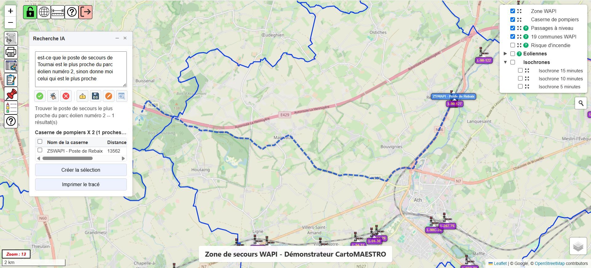 Interface CartoMAESTRO : recherche du poste de secours le plus proche d'un parc éolien, avec le tracé de l'itinéraire routier affiché sur la carte de la zone WAPI.