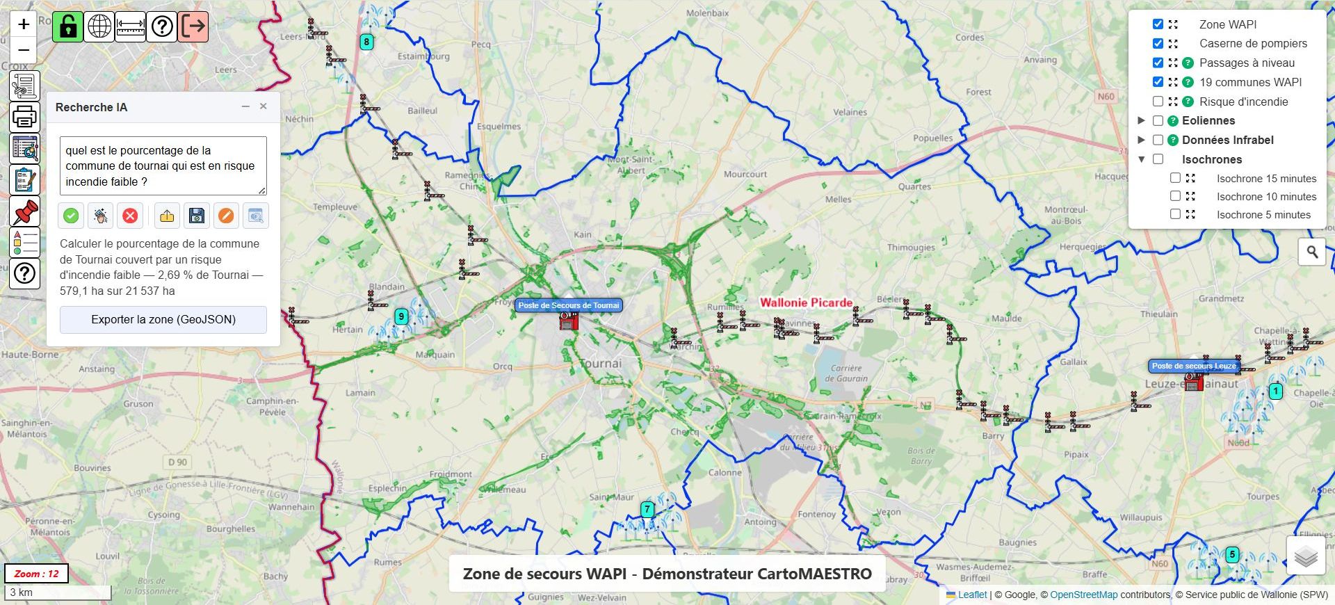 Interface CartoMAESTRO : calcul du pourcentage de la commune de Tournai couvert par un risque d'incendie faible, soit 2,69 %, avec la zone d'intersection dessinée sur la carte.