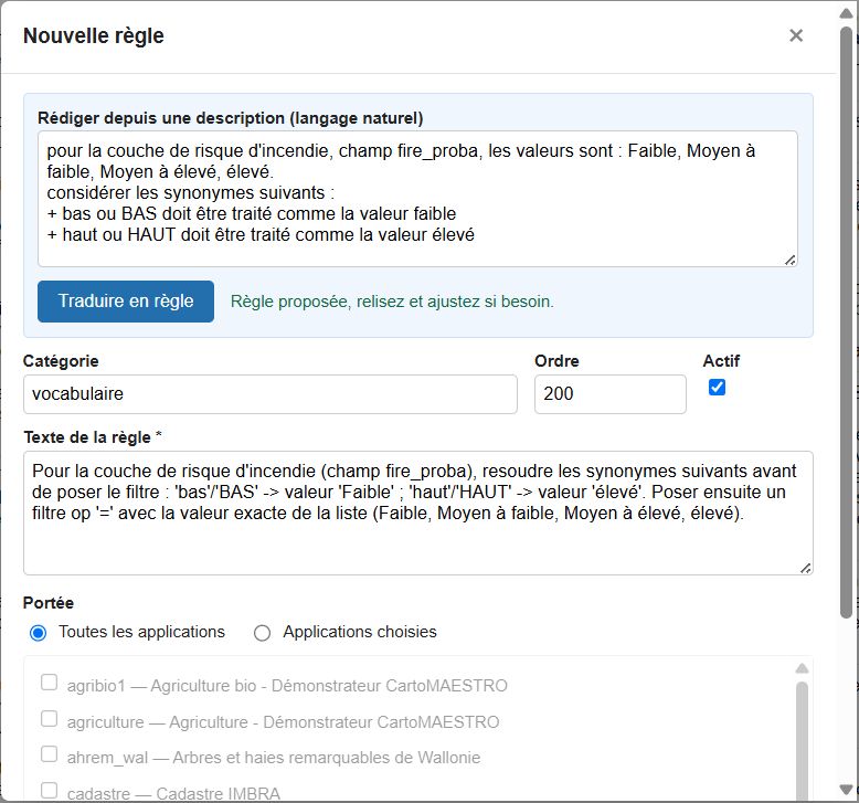 Back-office CartoMAESTRO : fenêtre de création d'une règle d'interprétation, rédigée en langage naturel puis traduite en règle appliquée à la couche de risque d'incendie.