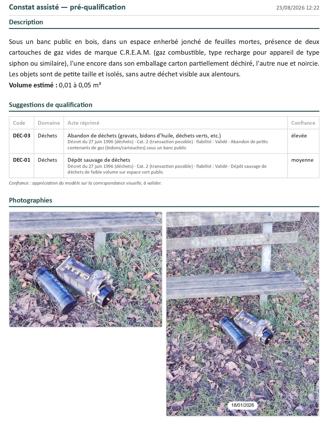 Constat de pré-qualification d'une infraction environnementale (cartouche de protoxyde d'azote)
