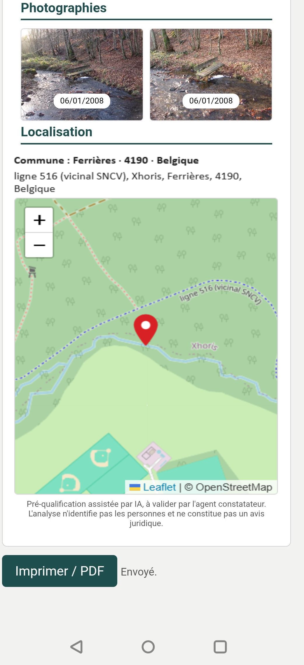 Résultat : photographies et localisation cartographiée