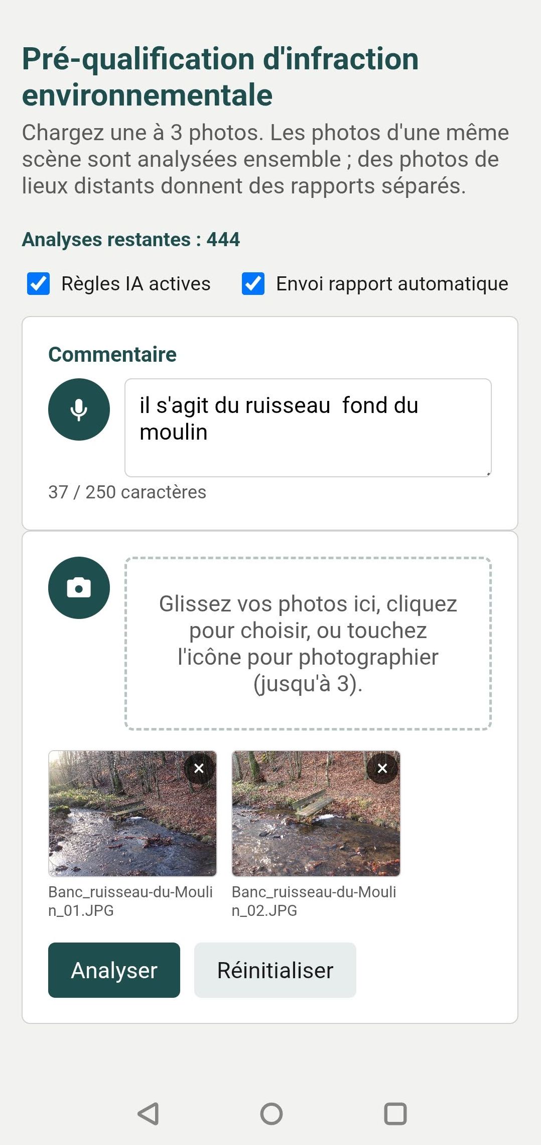 Écran de départ : chargement des photos et saisie du commentaire